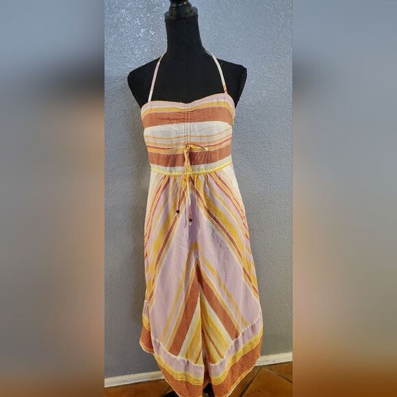 Anthropologie Savannah Halter Dress | Striped Ruched Orange Boho Style, Size 4 - Picture 4 of 16